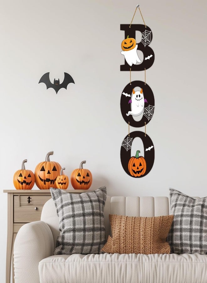 YUNKKIN Halloween Door Decorations Halloween Wreath Cute Ghost Decor Pumpkin Boo Sign Bat Spider Web Wooden Front Door Hanger Ghost Pumpkin Hanging Sign Wreath for Wall Indoor Home Decor - Image 5